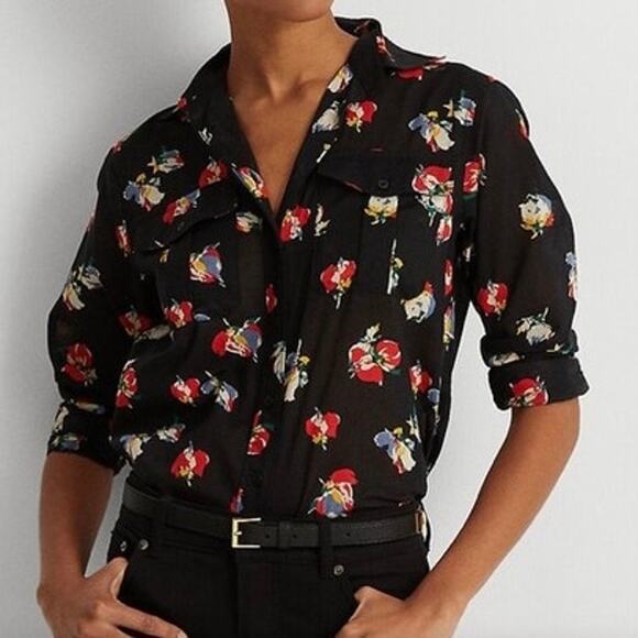 NWT Lauren Ralph Lauren Black Floral Cotton Voile Button Front Shirt - Picture 1 of 8